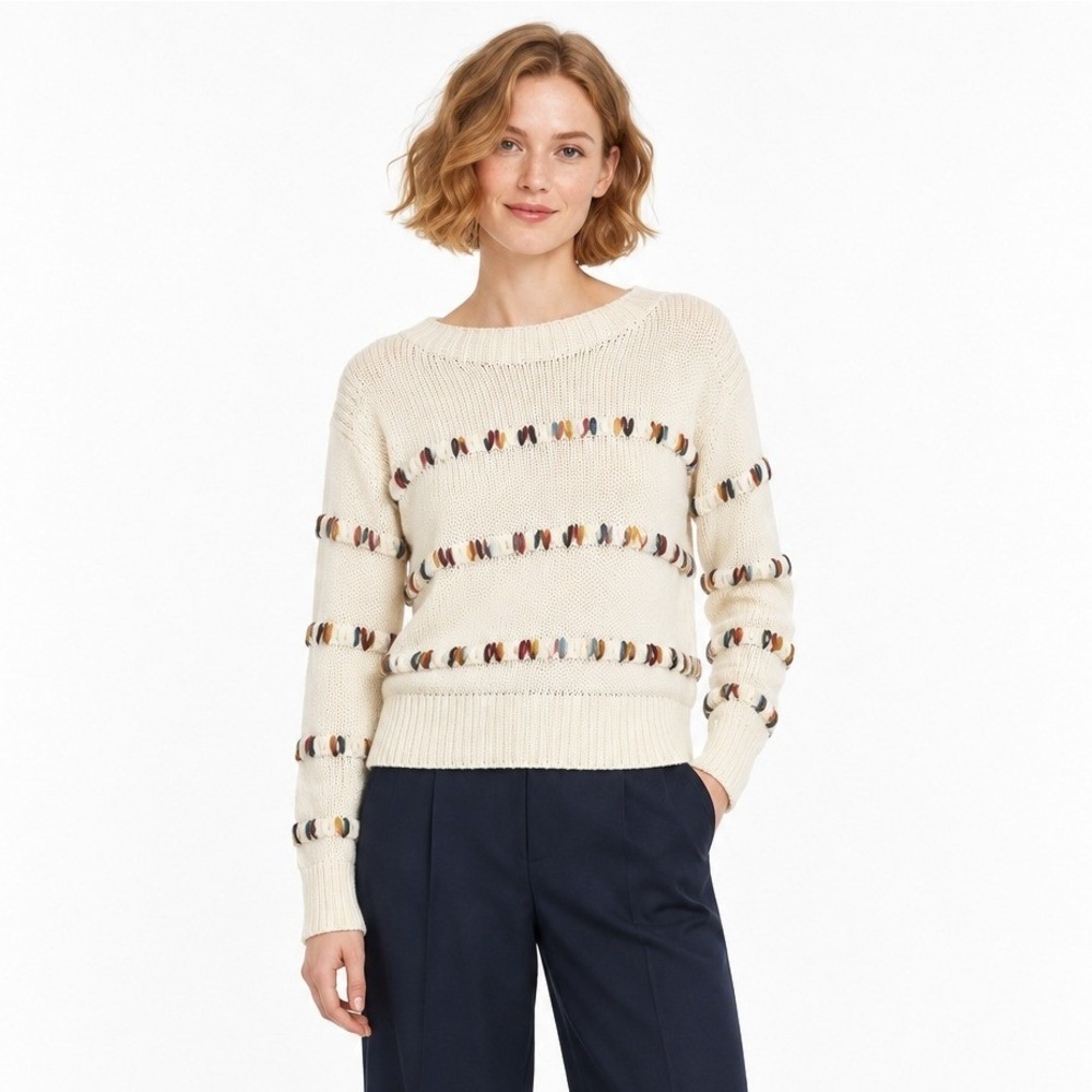 Rainbow Stitch Sweater S Ivory Multicolor Textured Knit Artsy Preppy Lou & Grey